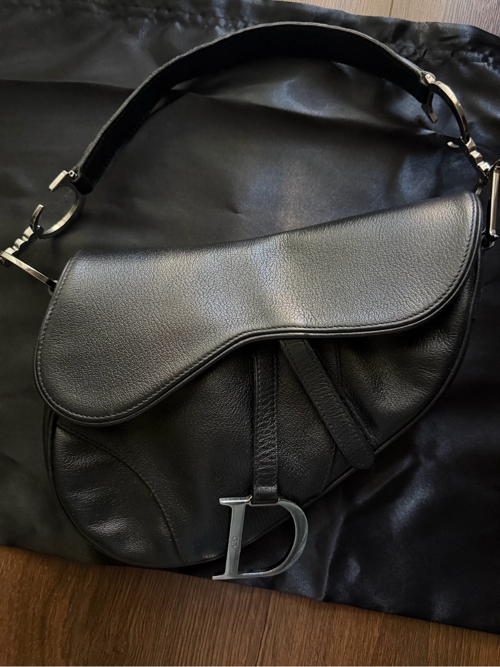 Dior Leather Black Saddle Shoulder Bag with Silver 'D' Charm
